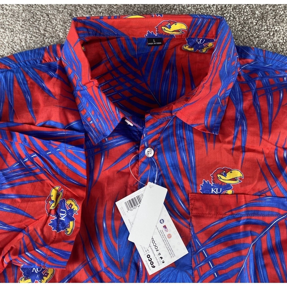 Foco All Over Blue Floral Hawaiian Print Shirt Kansas Jayhawks NCAA Cotton Men L
